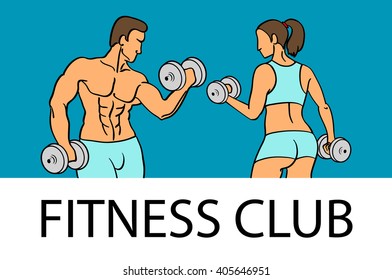 Man and woman Fitness template. Gym club logotype. Sport Fitness club creative concept. Bodybuilder and woman Fitness Model Illustration, Sign, Symbol, badge. art