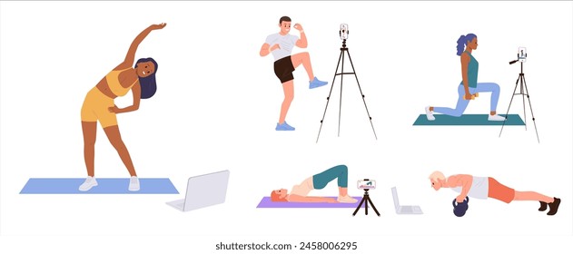 Man and woman fitness trainer isolated cartoon characters performing power exercise in video blog
