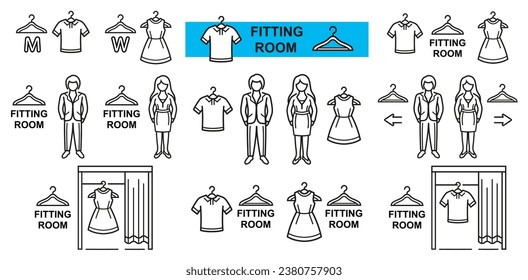 Man woman fitting or changing room, person try clothing in store line icon set. Male and female public dressing cabin. Clothes hanger. Buy dress, t-shirt in shop. Wardrobe rack. Cloakroom sign. Vector