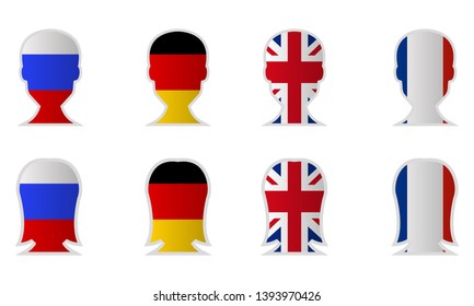 A man and a woman with flags on the face of Great Britain, Germany, France and Russia, patriots