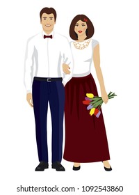 Man and woman with flawers. Loving couple. Vector illustration on white background.
