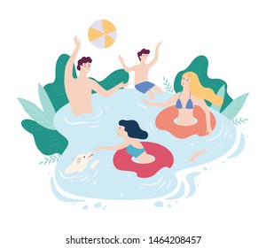 Man and woman floating on inflatable circle in the swimming pool. Summer vacation on the sea. Isolated vector illustration in cartoon style