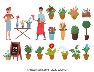 Man and Woman Florist Arranging Floral Bouquet in Flower Shop Big Vector Set