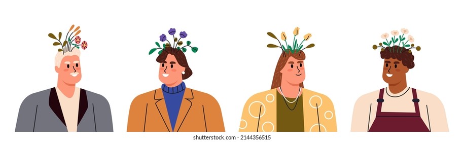 Man and woman with flower head. Mental health concept, good mood, harmony. Psychology. Mental health. Flat vector illustration isolated on white background