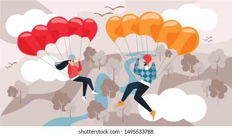 Man and Woman Fly Down with Parachute. Vector Illustration. Free Time. Development and Hobby. Rest from Work. Group Classes. Modern Hobby. Use Time Wisely. Get Involved in Parachuting.