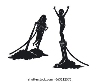 Man and woman flyboarding and ride water jetpack silhouettes. extreme water sport activities