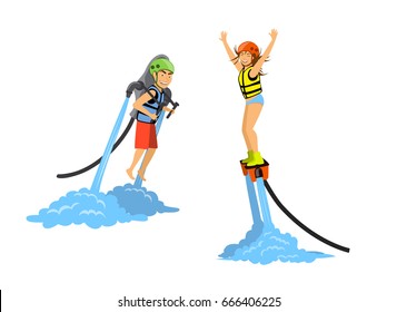 Man And Woman Flyboarding And Ride Water Jetpack. Extreme Water Sport Activities