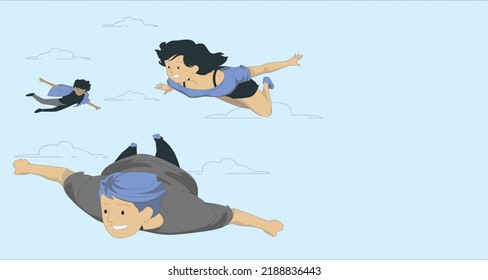 Man And Woman Flying In Air With Hands Outstretched Against Sky. Jumper Concept