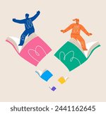 Man and woman flying high on books. Fantasy, literature, education concept. Colorful vector illustration
