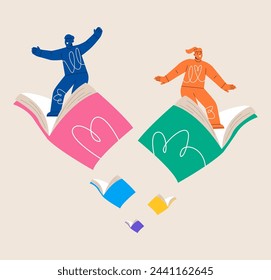 Hombre y mujer volando alto en los libros. Fantasía, literatura, concepto educativo. Colorida ilustración vectorial
