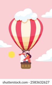 man and woman flying on hot air balloon. valentines day poster. Flat cartoon vector illustration.
