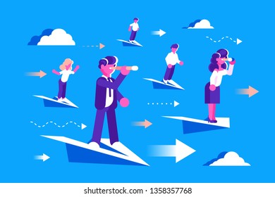 Man and woman flying on paper airplanes vector illustration. Business team looking to the future via spyglasses flat style design. Planning and prospect concept