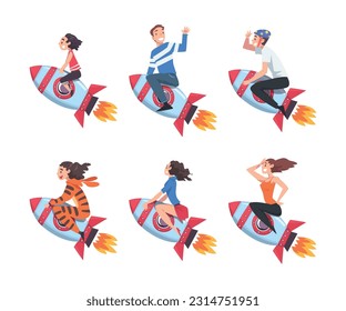 Man and Woman Flying on Space Rocket Moving Upward Vector Set