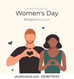 Man and Woman fold her hands with heart for Inspire Inclusion International Women's Day 2024 poster. IWD postcard with Boyfriend friend husband brother father support Woman. InspireInclusion slogan.