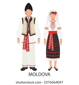 Un hombre y una mujer con trajes folclóricos moldavos nacionales. Cultura y tradiciones de Moldavia. Ilustración, vector