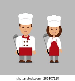 Man and woman in the form of chefs on a gray background.