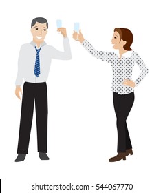 Man and woman in formal clothes clink champagne glass, flat vector