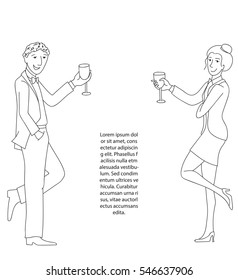 Man and woman in formal suits with wine glasses, Thin line doodle style cartoon vector illustration, Place for your text