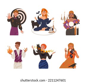 Man And Woman Fortune Teller, Psychic And Hypnotist Predicting Future And Performing Occult Ritual Vector Illustration Set