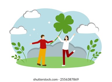 A man and a woman found a clover leaf. The emotion of joy, happiness and well-being