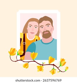 Man Woman Frame Portrait Flowers. Vector Illustration of Love Couple People Picture. Happy Valentines Day. Magnolia.