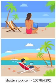 Man and woman freelance collection, people working with laptops, set freelancers by seaside, work place at coastline isolated vector illustration