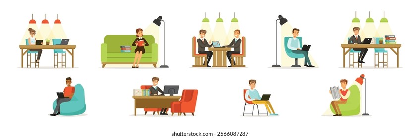 Man and Woman Freelancer at Coworking Space Vector Set