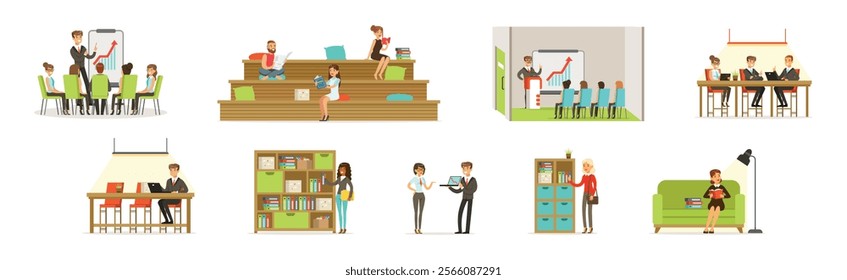 Man and Woman Freelancer at Coworking Space Vector Set