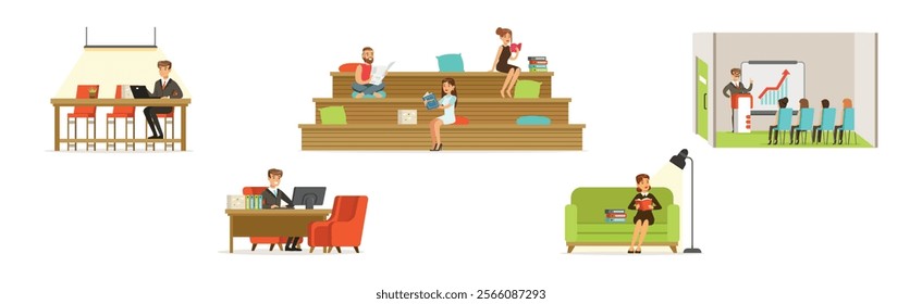 Man and Woman Freelancer at Coworking Space Vector Set