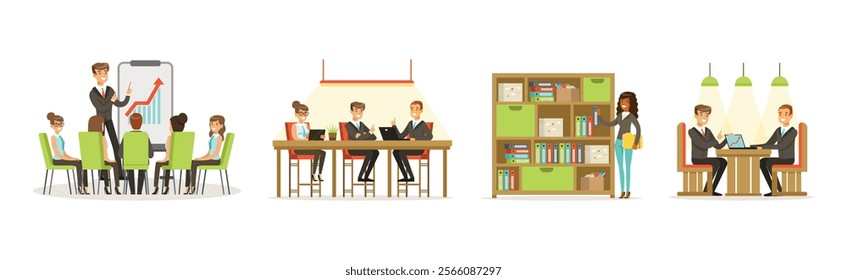 Man and Woman Freelancer at Coworking Space Vector Set