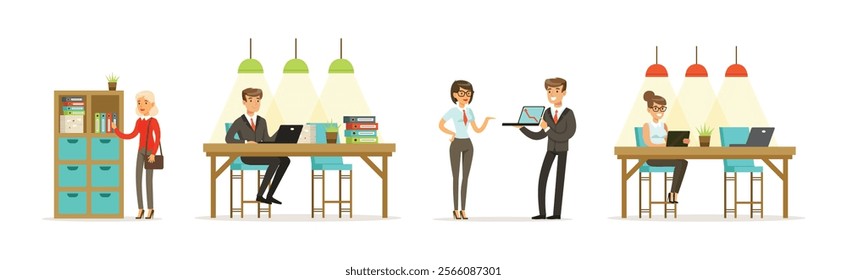 Man and Woman Freelancer at Coworking Space Vector Set