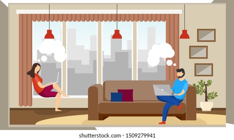 Man and woman freelancers work at home. Remote work at home. A man and a woman are sitting in a room and working on a laptop. Vector illustration, vector.