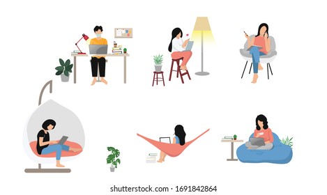 man and woman freelancers working on laptops and computers at home. People at home in quarantine. Vector flat style illustration