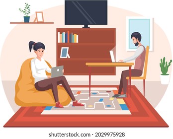 Man and woman freelancers working remotely and surfing internet, looking for information in computer. Girl communicating through network on laptop at home. Student study at distance, online learning