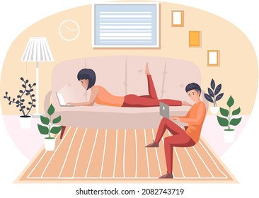 Man and woman freelancers working remotely and surfing internet, looking for information in computer. Girl communicating through network on laptop at home. Student study at distance, online learning