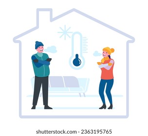 Man or woman freezing in house. People wrapped in sweaters. Warm scarf or sweatshirt. Persons hugging themselves. Home thermometer. Cold temperature. Air conditioning