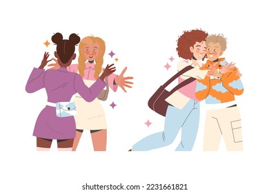 Man and Woman Friend Hugging Meeting Each Other Feeling Joy Vector Set