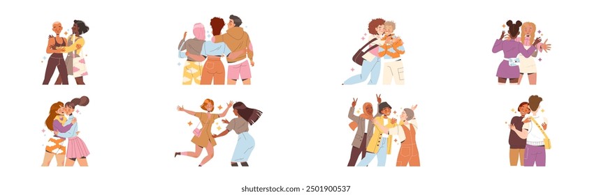 Man and Woman Friend Hugging Meeting Each Other Feeling Joy Vector Illustration Set