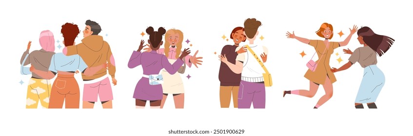 Man and Woman Friend Hugging Meeting Each Other Feeling Joy Vector Illustration Set