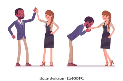 Man to woman friendly greeting. Black man, white woman giving high five, kissing. Business protocol manners and etiquette concept. Vector flat style cartoon illustration isolated on white background
