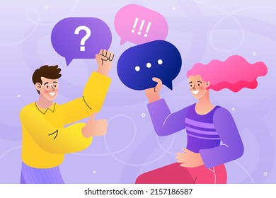 Man and woman friends cartoon characters standing holding blank speech bubbles. best friend. Communication, chat concept. Social activism. social network and media. Vector flat illustration.
