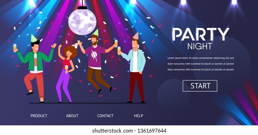 Man Woman Friends Dance Party Night Vector Illustration. Happy People Celebrate New Year Birthday Celebration Champagne Glass Confetti Disco Ball. Nightclub Entartainment Concert Event