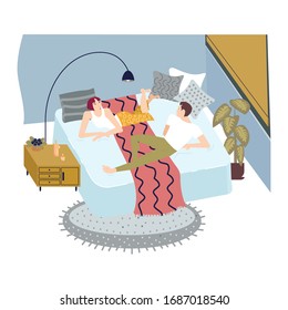 Man and woman friends lie on a bed and have a pillow talk. Cozy bedroom interior and people warm conversation. Flat Art Vector Illustration