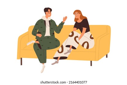 Man and woman friends sitting on sofa, chatting. Happy smiling people, couple talking, laughing, relaxing on couch together. Funny dialog. Flat graphic vector illustration isolated on white background