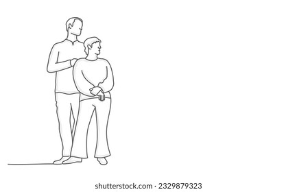 Man and woman, friends stand together and look away. Hand drawn vector illustration.