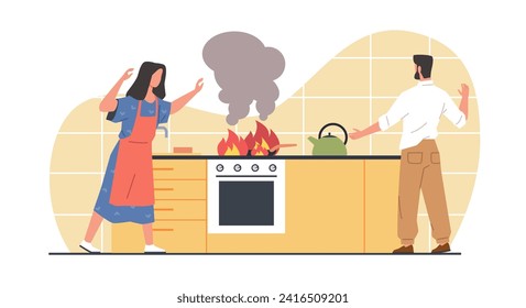 Hombre y mujer asustados por el fuego de la cocina. Quema con horno de humo. Peligroso accidente durante el proceso de cocción, arruinar la cena. Mujer asustada en pánico. Concepto de vector aislado plano de dibujos animados