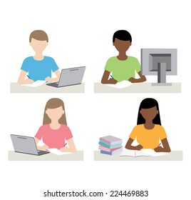 man and woman in front of computer doing homework illustration
