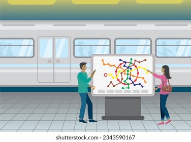 Man and woman in front of information device, screen with map for subway route. Vector illustration.