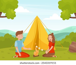 Homem e mulher fritando Marshmallow Camping com tenda Desfrute de ilustração de vetor de férias