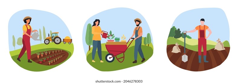 Man and woman gardener concept. Young characters with garden tools plant flowers, harvest crops and water vegetables. Agricultural industry. Cartoon flat vector collection isolated on white background